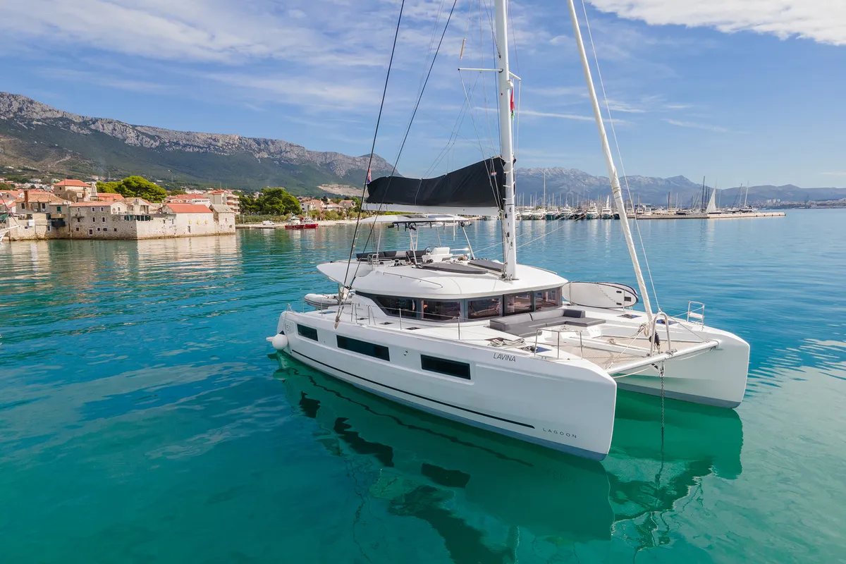 Exterior view of Lavina, a Lagoon 51 catamaran at Grad Kaštela, Croatia