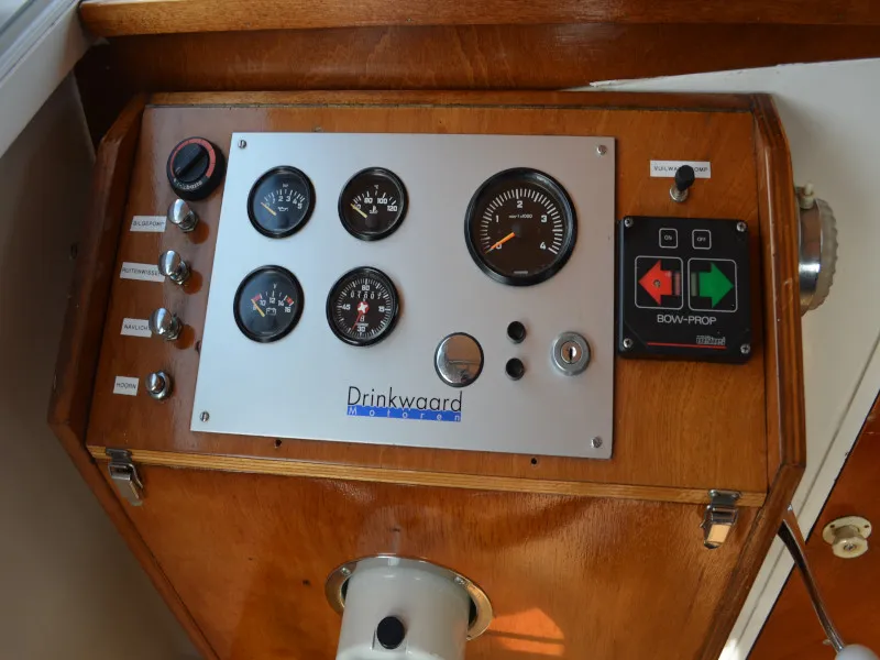 Cockpit of Woelwater, a De Drait Doerak 850 OK motorboat at Drachten, Netherlands