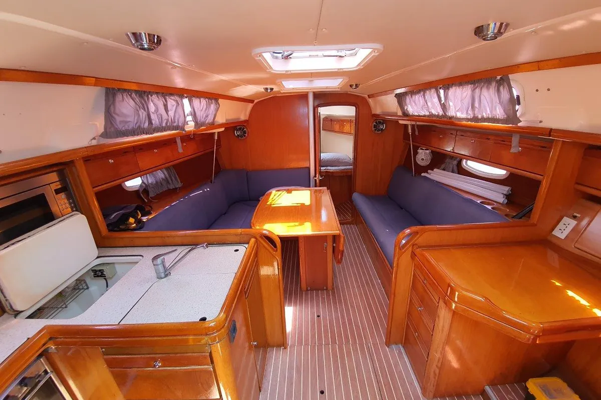 Salon of Little Eva, a Bavaria 34 Cruiser sailboat at Mai Khao, Thailand