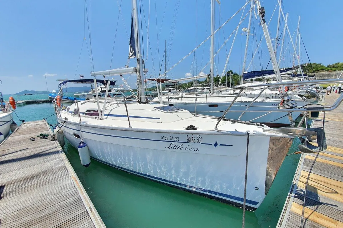 Exterior view of Little Eva, a Bavaria 34 Cruiser sailboat at Mai Khao, Thailand