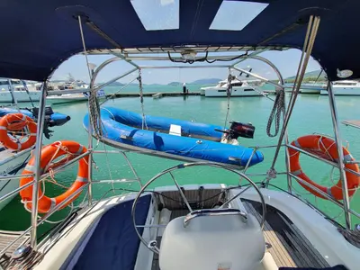 Cockpit of Little Eva, a Bavaria 34 Cruiser sailboat at Mai Khao, Thailand