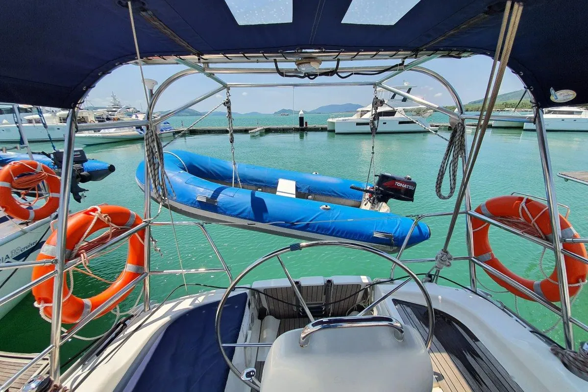 Cockpit of Little Eva, a Bavaria 34 Cruiser sailboat at Mai Khao, Thailand