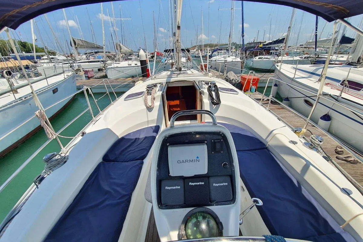 Cockpit of Little Eva, a Bavaria 34 Cruiser sailboat at Mai Khao, Thailand