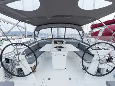 Cockpit of Vienna Princess, a Beneteau Oceanis 46.1 sailboat at Preveza, Greece