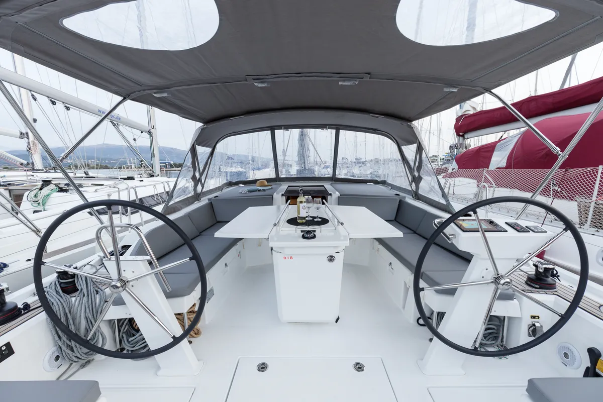 Cockpit of Vienna Princess, a Beneteau Oceanis 46.1 sailboat at Preveza, Greece