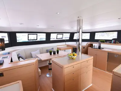 Salon of Jovy, a Dufour Catamaran 48 catamaran at Syracuse, Italy