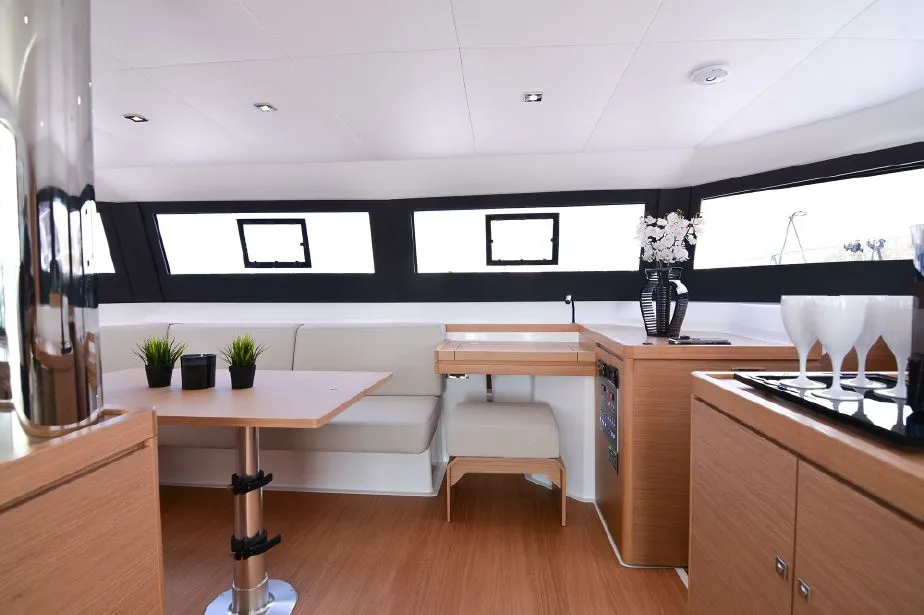 Salon of Jovy, a Dufour Catamaran 48 catamaran at Syracuse, Italy