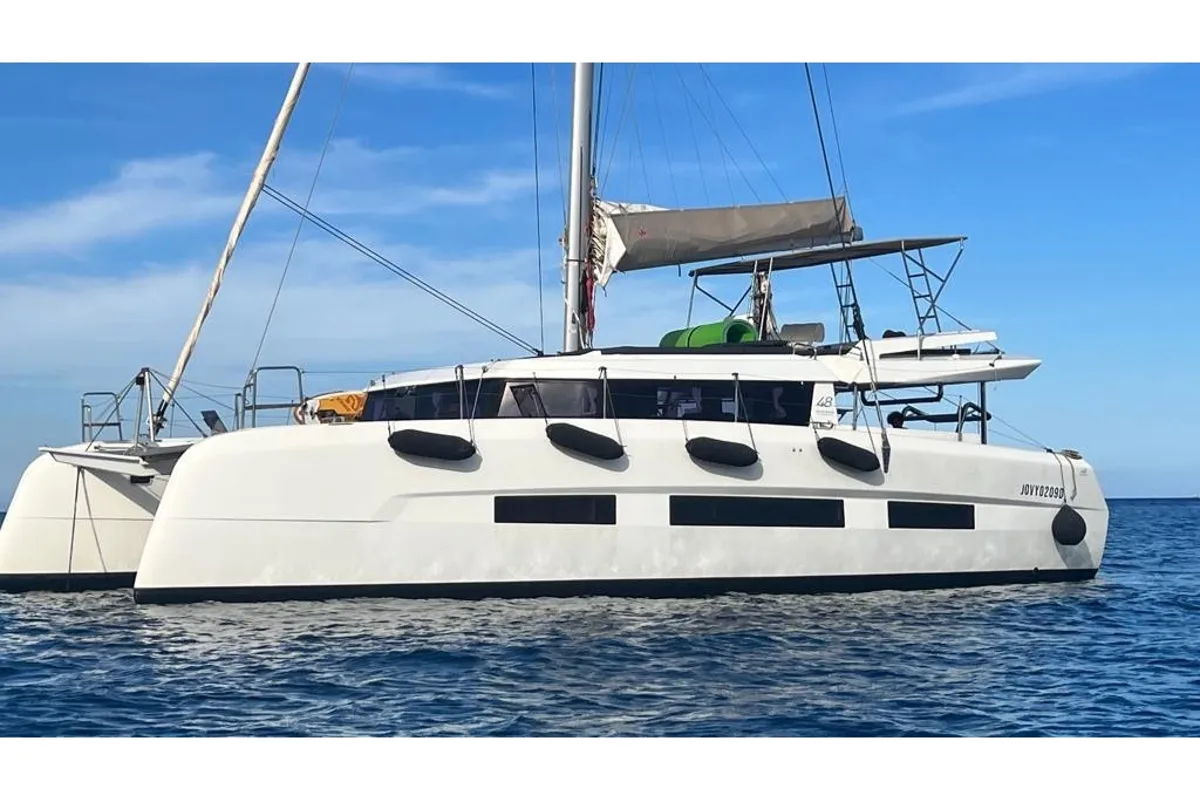Exterior view of Jovy, a Dufour Catamaran 48 catamaran at Syracuse, Italy