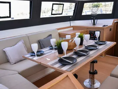 Salon of Jovy, a Dufour Catamaran 48 catamaran at Syracuse, Italy