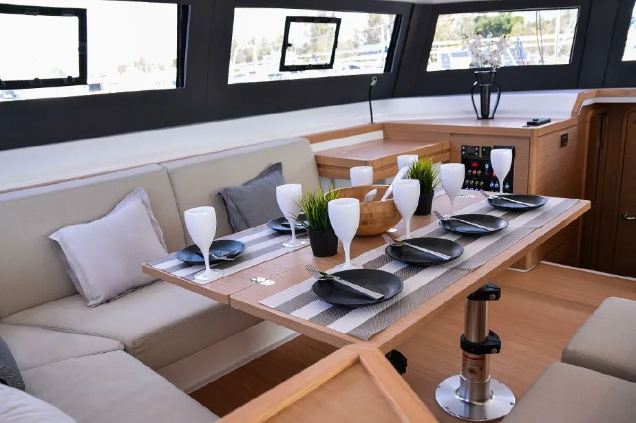Salon of Jovy, a Dufour Catamaran 48 catamaran at Syracuse, Italy