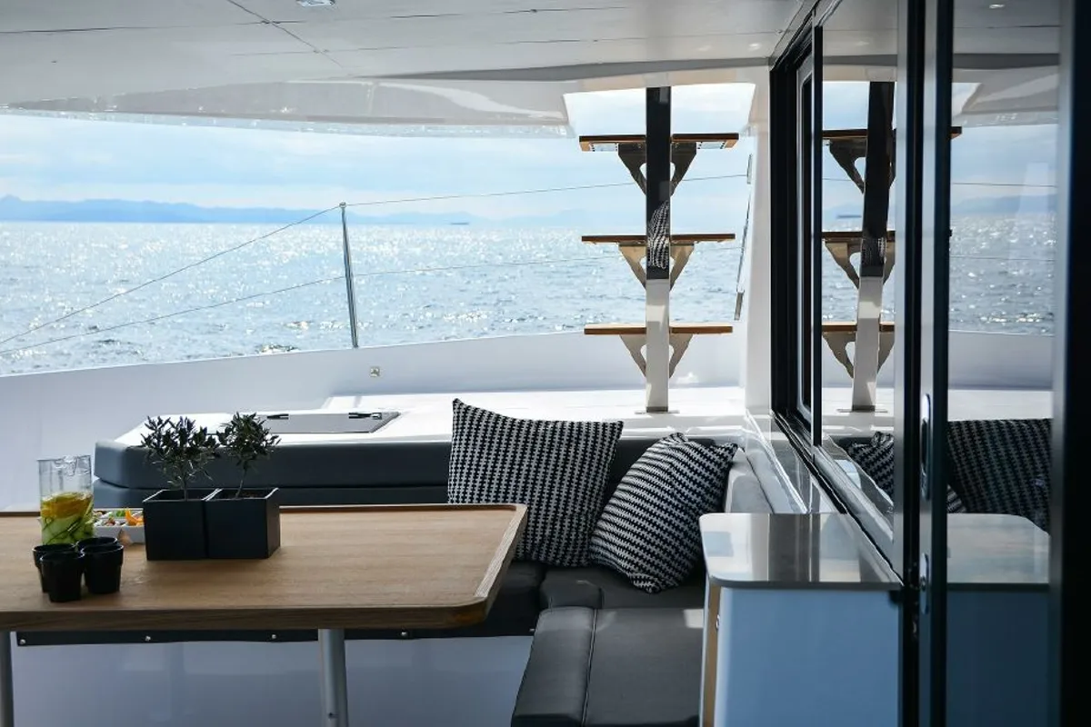 Deck of Jovy, a Dufour Catamaran 48 catamaran at Syracuse, Italy