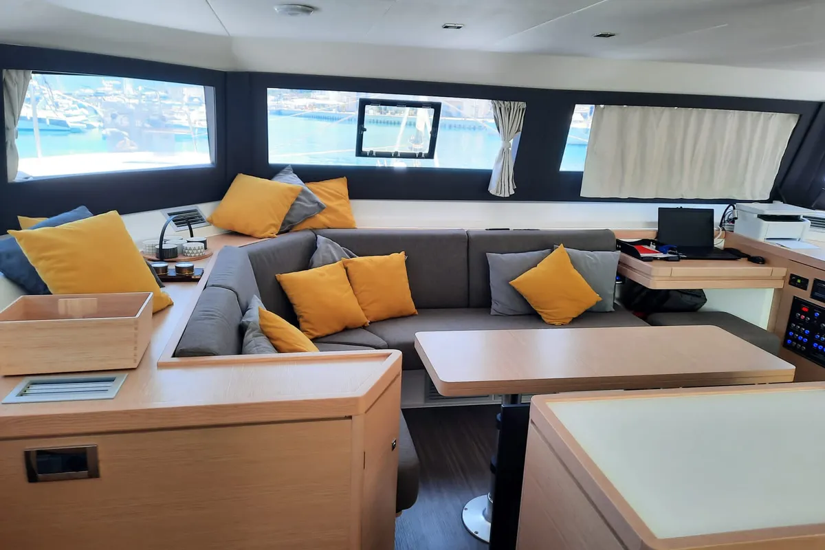 Salon of Jovy, a Dufour Catamaran 48 catamaran at Syracuse, Italy