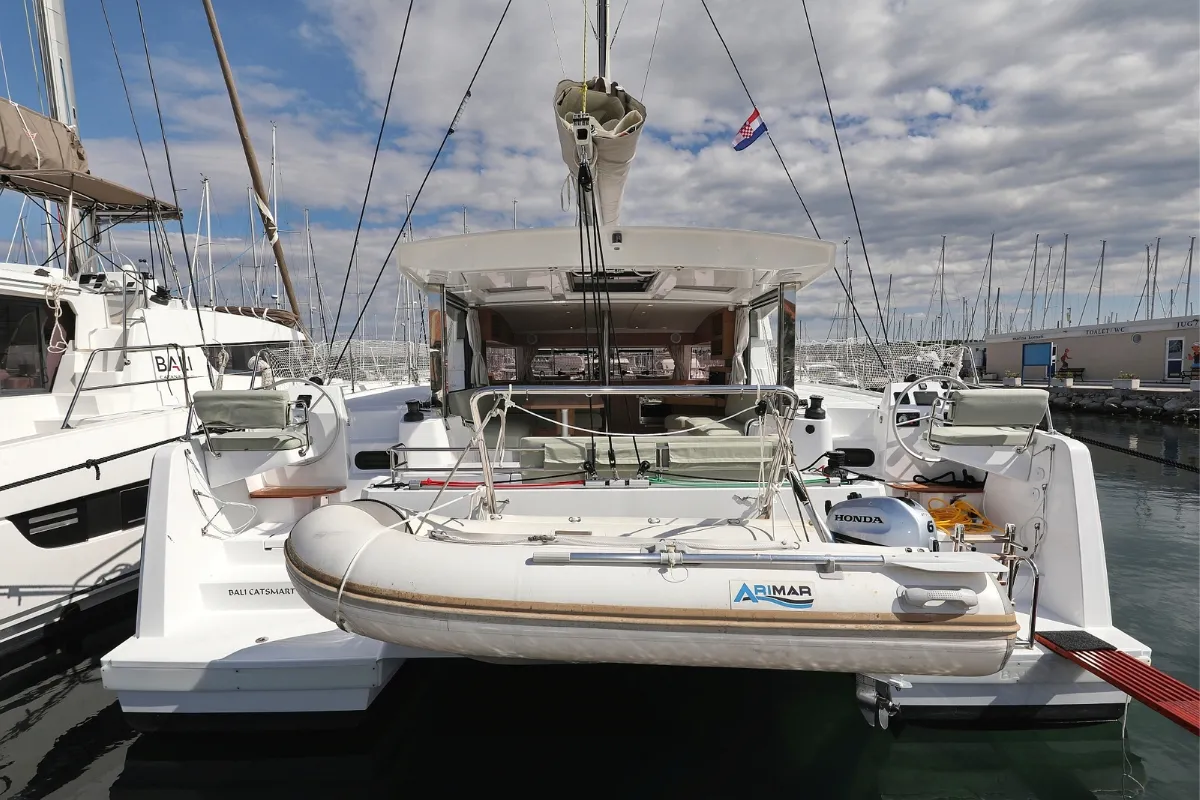 Exterior view of Starseeker, a Bali Catsmart catamaran at Grad Biograd na Moru, Croatia