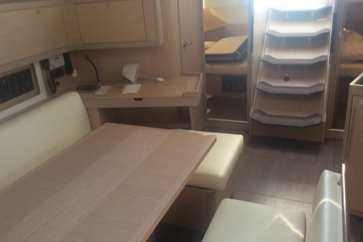 Salon of Alfa Centauri I, a Beneteau Oceanis 45 sailboat at Olbia, Italy