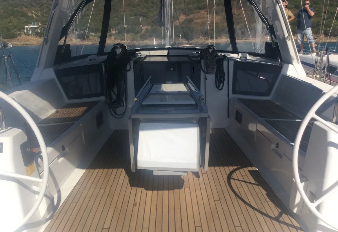 Cockpit of Alfa Centauri I, a Beneteau Oceanis 45 sailboat at Olbia, Italy