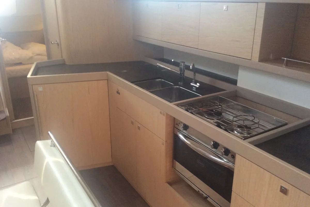 Galley of Alfa Centauri I, a Beneteau Oceanis 45 sailboat at Olbia, Italy