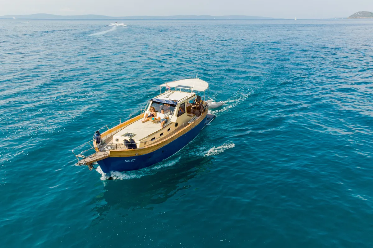 Exterior view of Vagabundo, a Gulet Leut motorboat at Split, Croatia