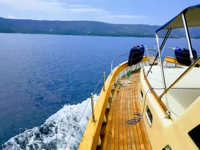 Deck of Vagabundo, a Gulet Leut motorboat at Split, Croatia
