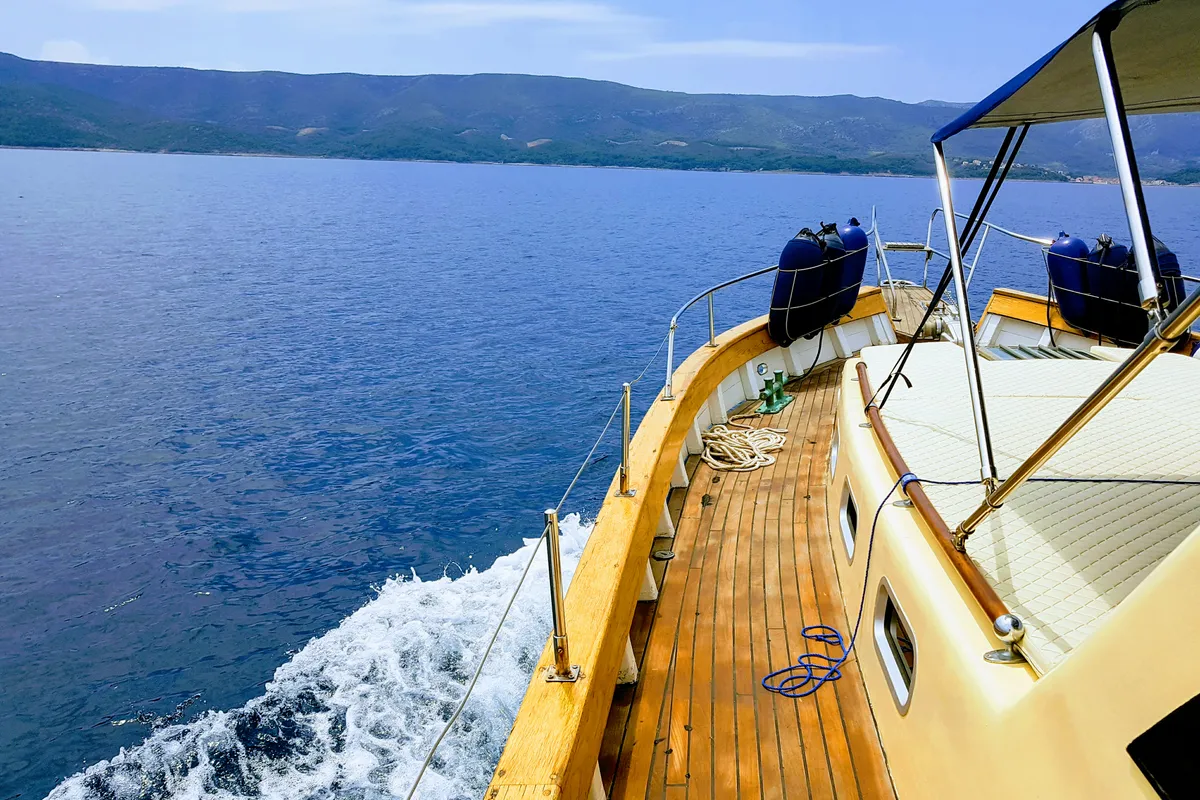 Deck of Vagabundo, a Gulet Leut motorboat at Split, Croatia