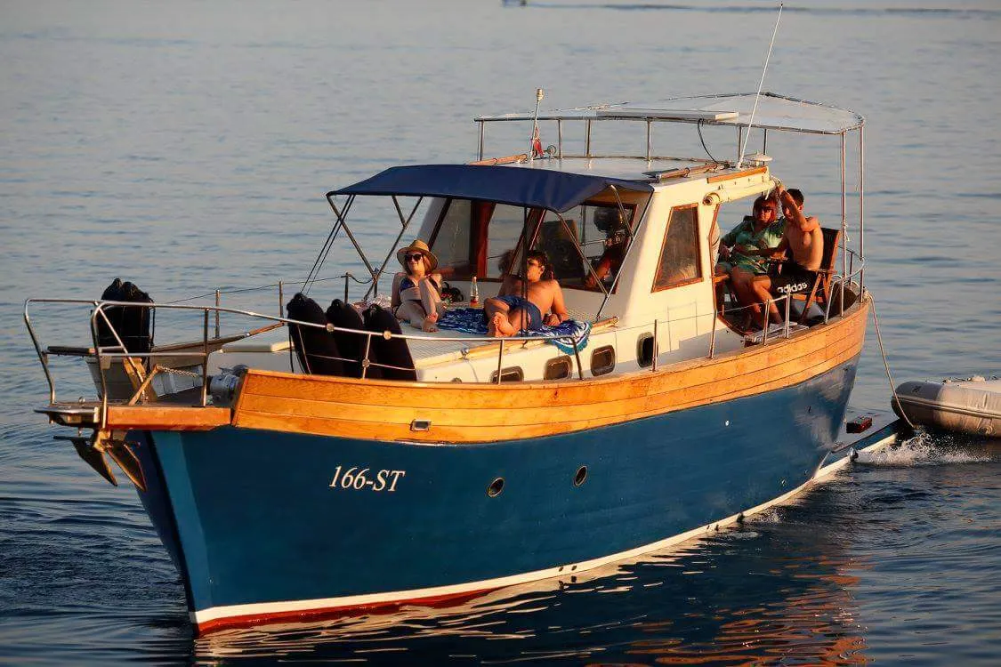 Exterior view of Vagabundo, a Gulet Leut motorboat at Split, Croatia