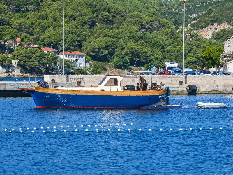 Exterior view of Vagabundo, a Gulet Leut motorboat at Split, Croatia