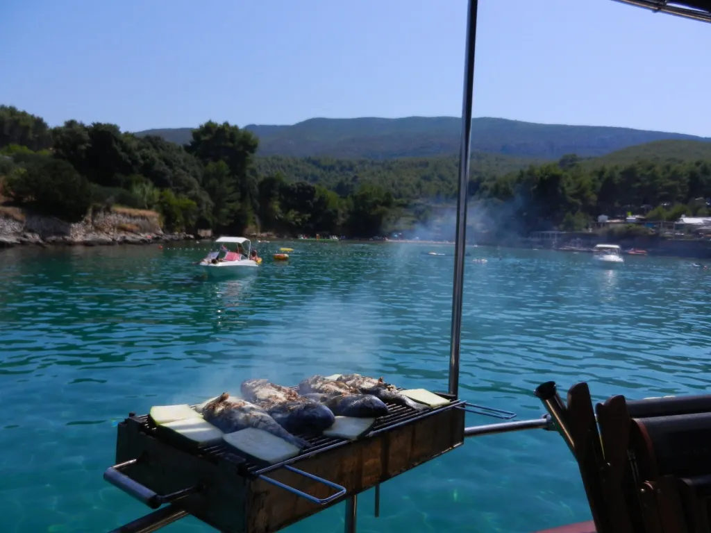 Deck of Vagabundo, a Gulet Leut motorboat at Split, Croatia