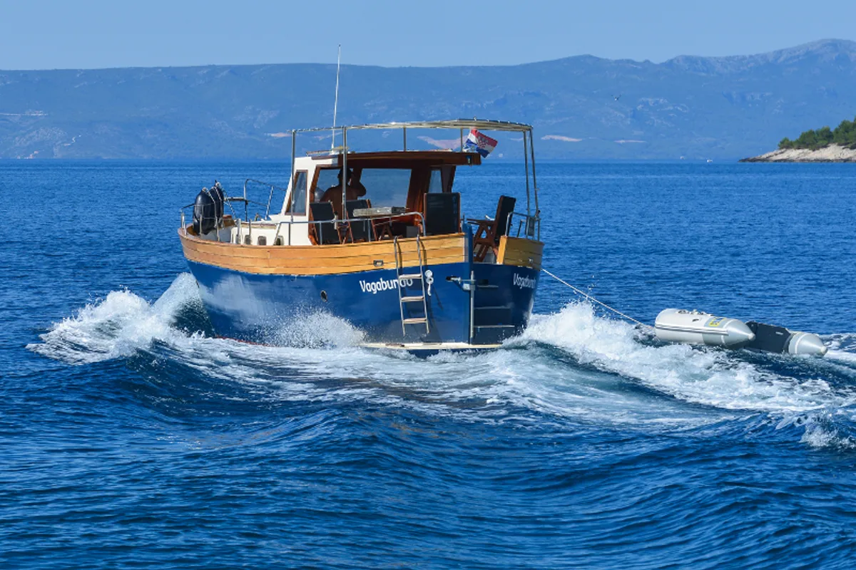 Exterior view of Vagabundo, a Gulet Leut motorboat at Split, Croatia