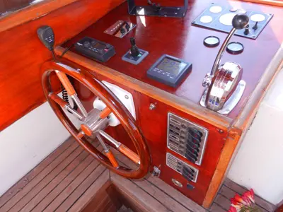 Cockpit of Vagabundo, a Gulet Leut motorboat at Split, Croatia