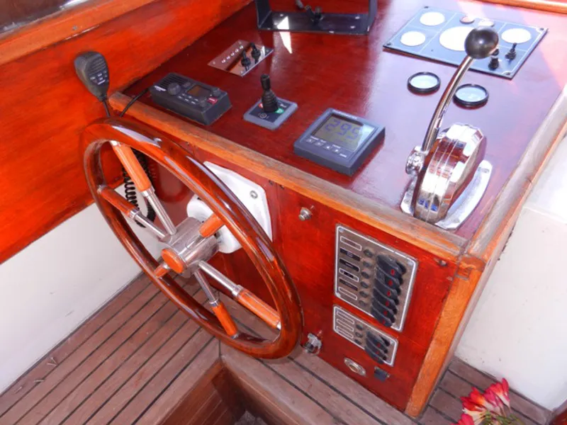 Cockpit of Vagabundo, a Gulet Leut motorboat at Split, Croatia
