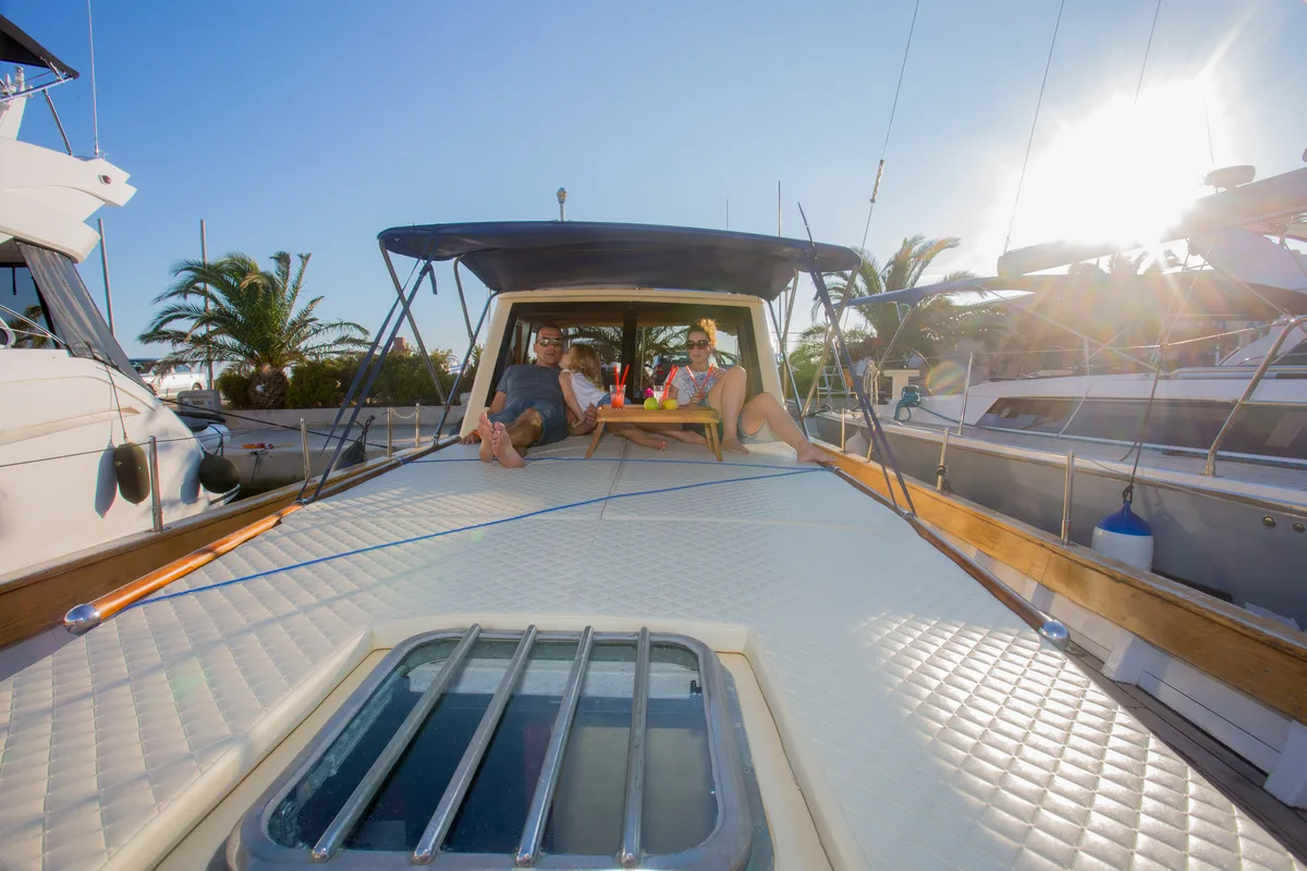 Deck of Vagabundo, a Gulet Leut motorboat at Split, Croatia