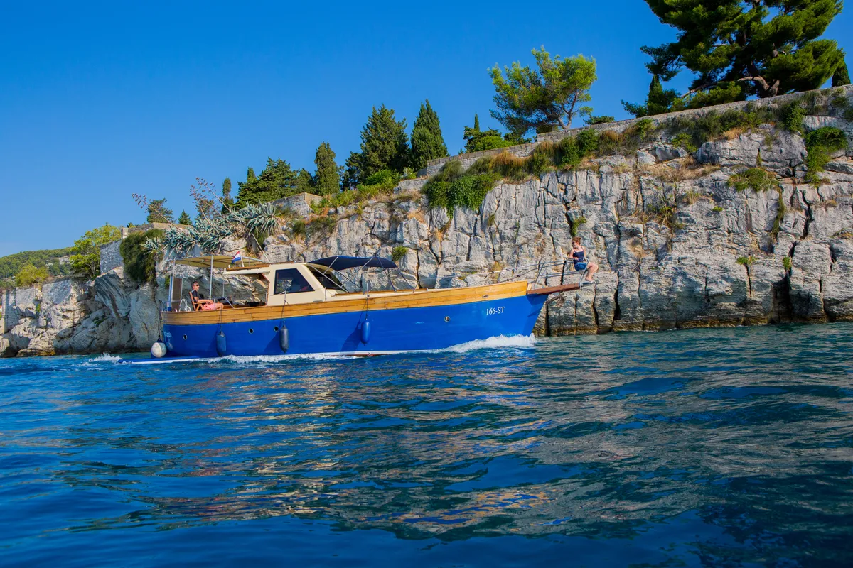 Exterior view of Vagabundo, a Gulet Leut motorboat at Split, Croatia