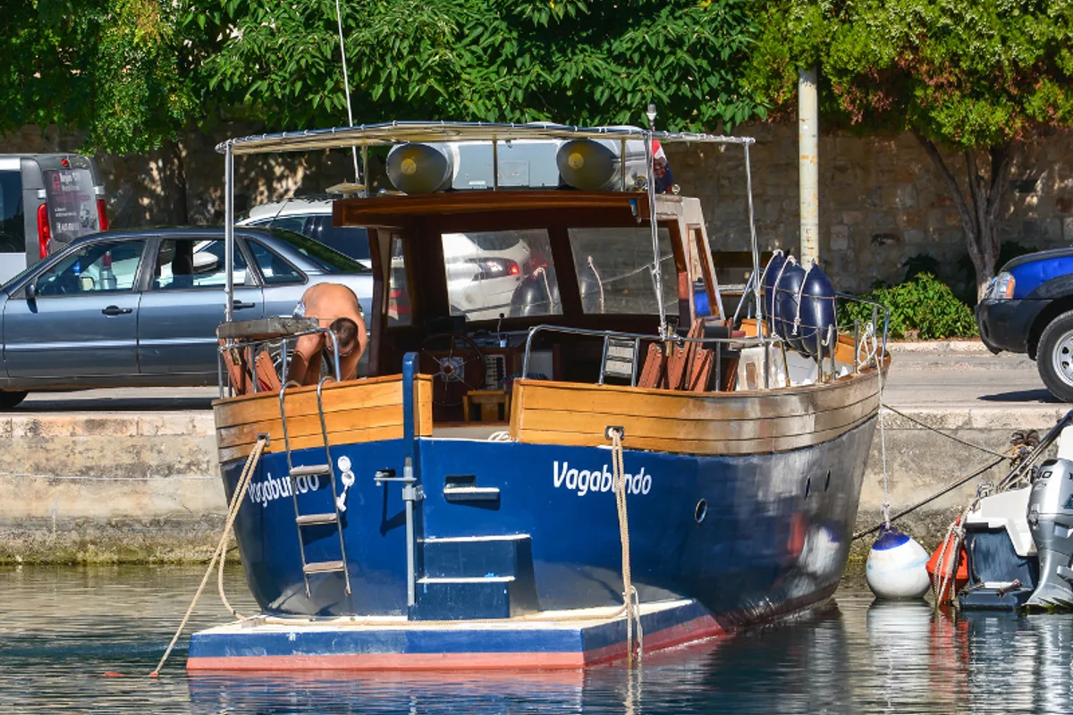 Exterior view of Vagabundo, a Gulet Leut motorboat at Split, Croatia