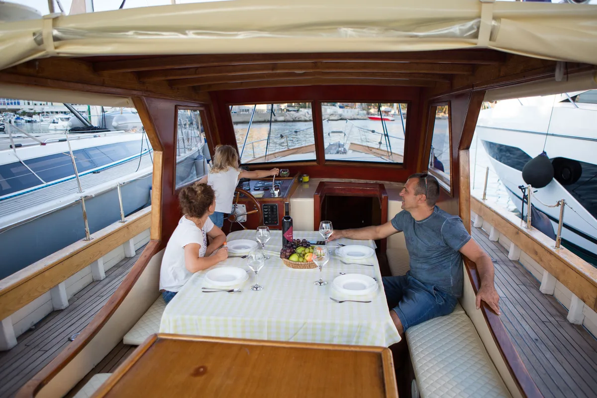 Deck of Vagabundo, a Gulet Leut motorboat at Split, Croatia