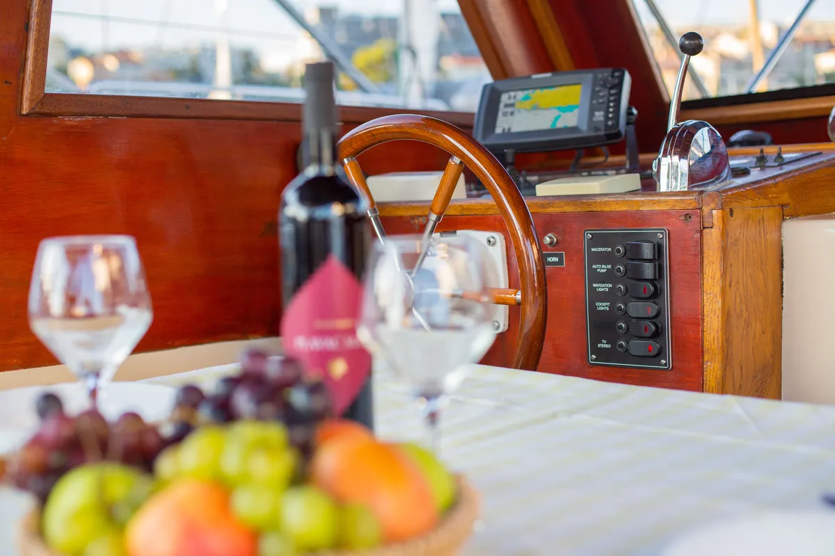 Cockpit of Vagabundo, a Gulet Leut motorboat at Split, Croatia