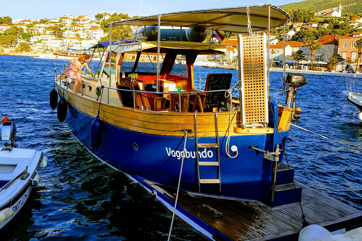 Exterior view of Vagabundo, a Gulet Leut motorboat at Split, Croatia