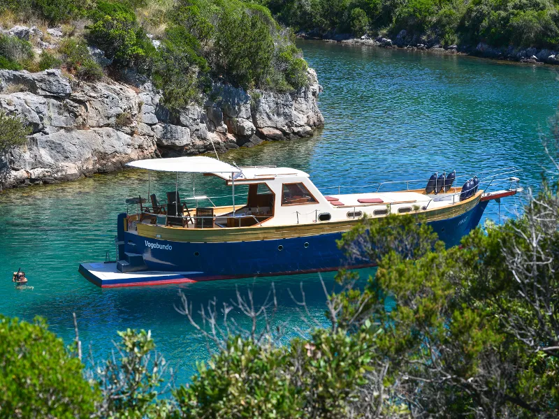 Exterior view of Vagabundo, a Gulet Leut motorboat at Split, Croatia