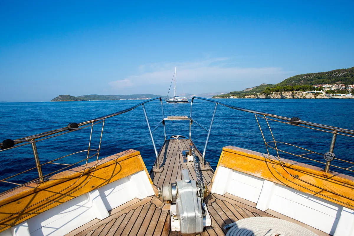 Deck of Vagabundo, a Gulet Leut motorboat at Split, Croatia
