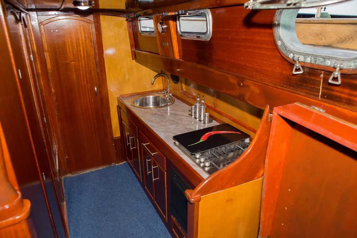 Galley of Vagabundo, a Gulet Leut motorboat at Split, Croatia