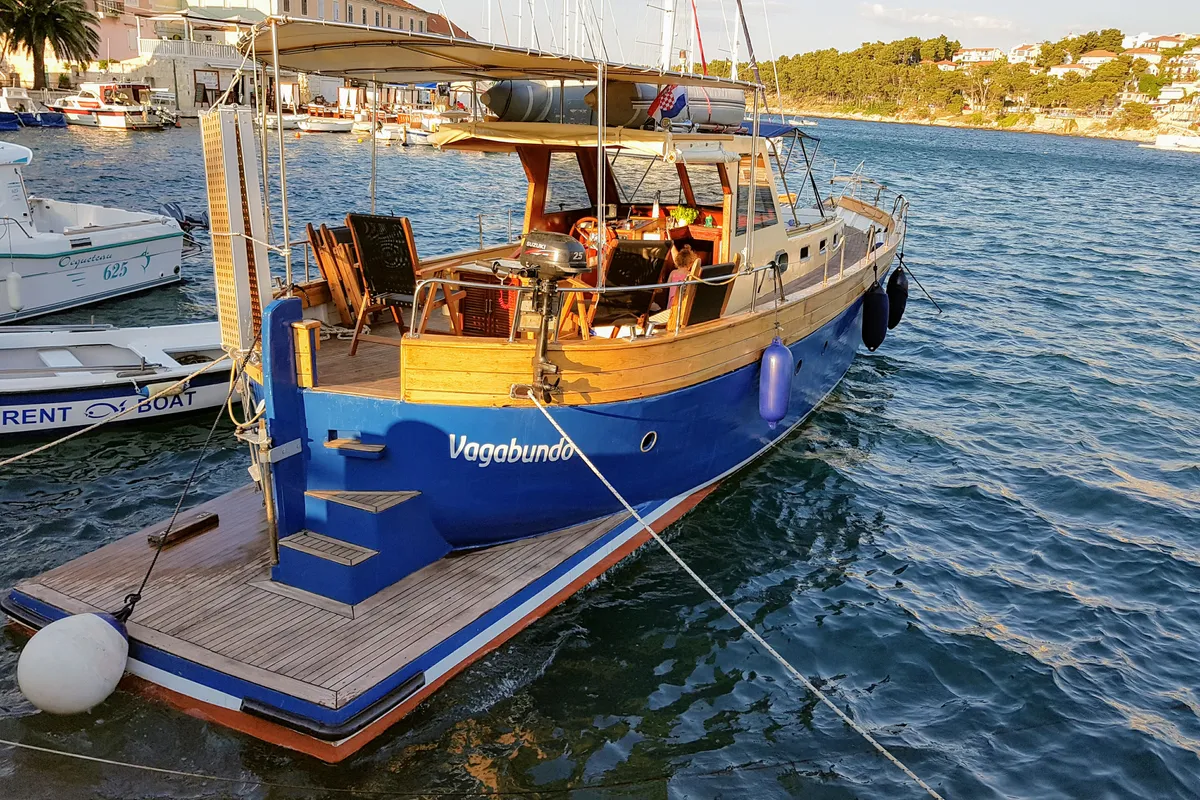 Exterior view of Vagabundo, a Gulet Leut motorboat at Split, Croatia