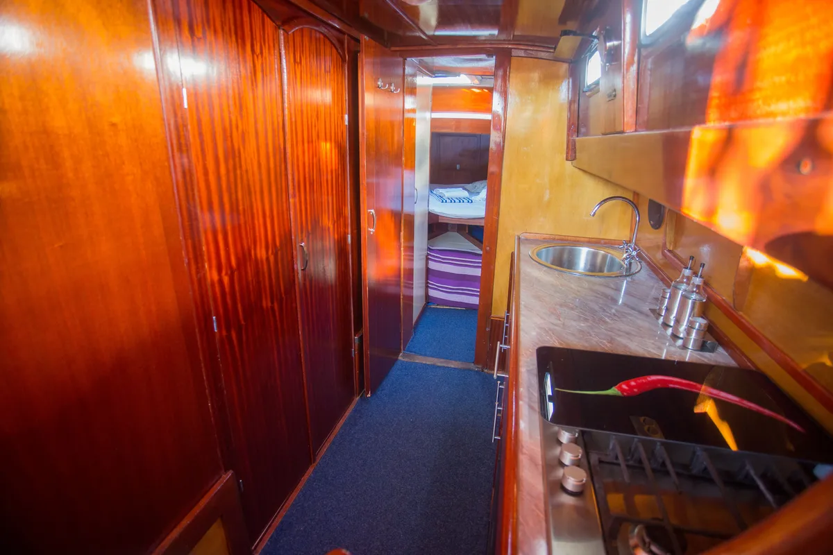 Galley of Vagabundo, a Gulet Leut motorboat at Split, Croatia