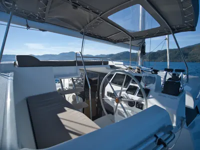Cockpit of Adele, a Fountaine Pajot Astréa 42 catamaran at Marmaris, Turkey
