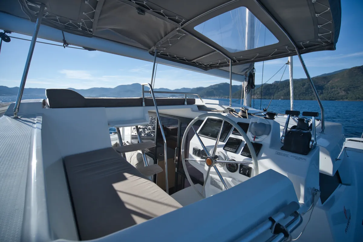 Cockpit of Adele, a Fountaine Pajot Astréa 42 catamaran at Marmaris, Turkey