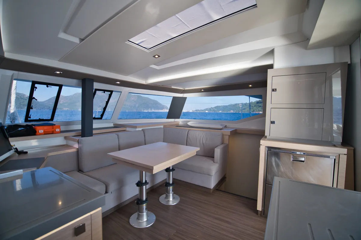 Salon of Adele, a Fountaine Pajot Astréa 42 catamaran at Marmaris, Turkey