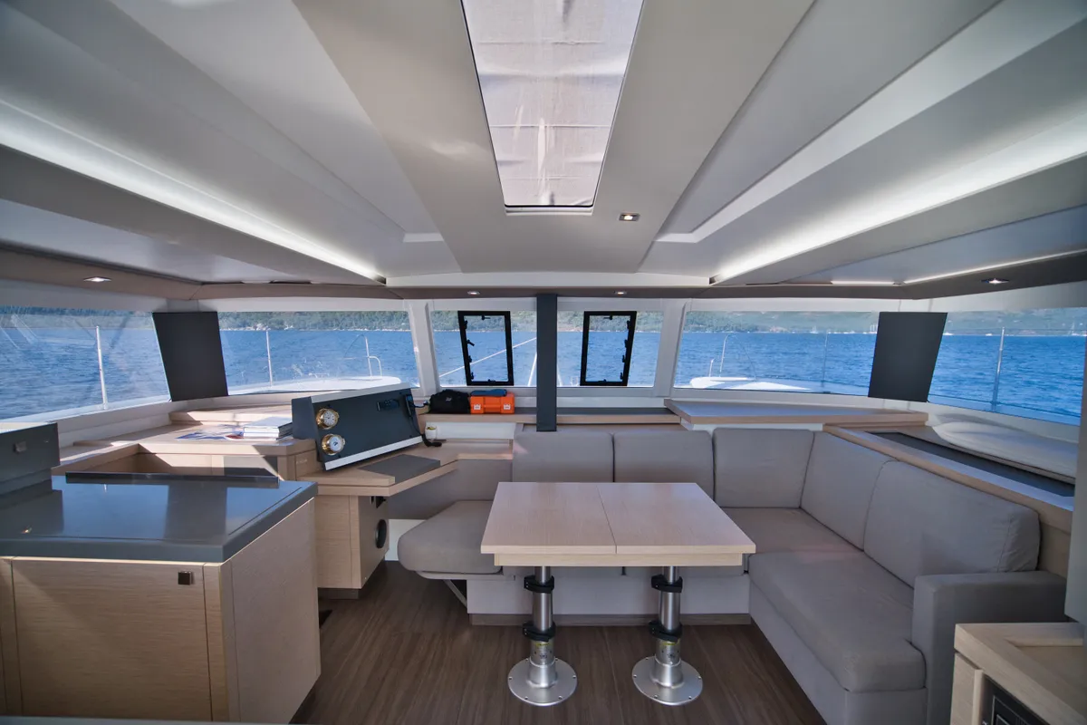 Salon of Adele, a Fountaine Pajot Astréa 42 catamaran at Marmaris, Turkey