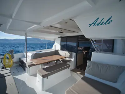 Deck of Adele, a Fountaine Pajot Astréa 42 catamaran at Marmaris, Turkey