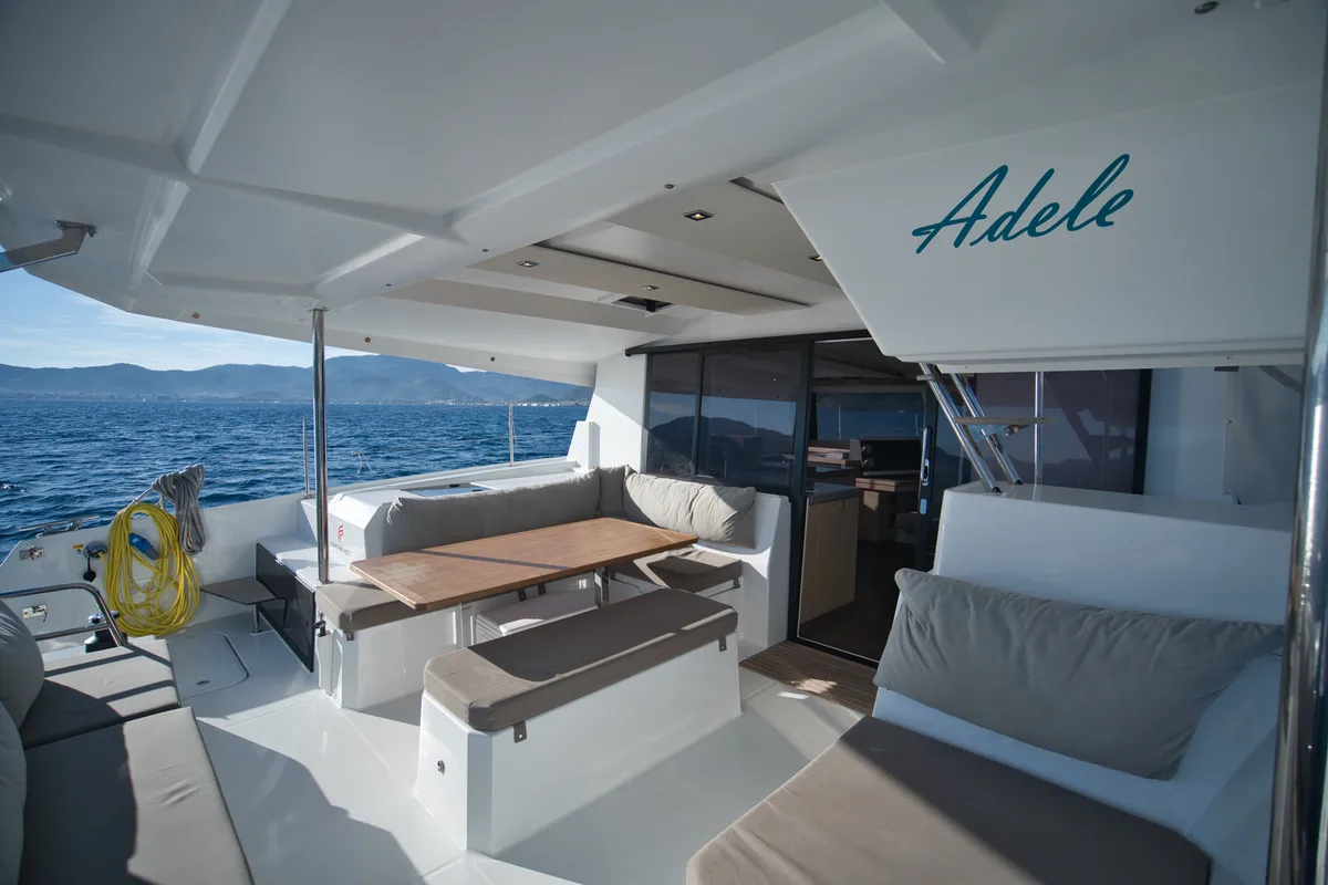 Deck of Adele, a Fountaine Pajot Astréa 42 catamaran at Marmaris, Turkey