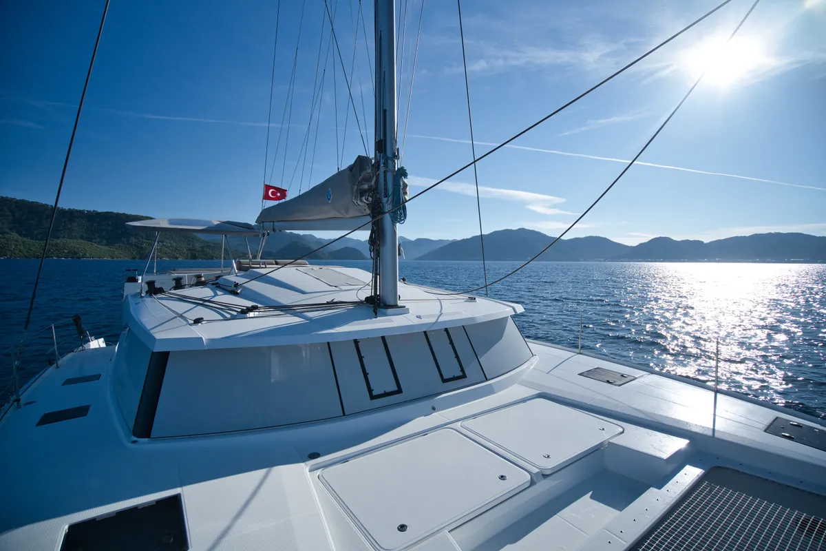 Deck of Adele, a Fountaine Pajot Astréa 42 catamaran at Marmaris, Turkey