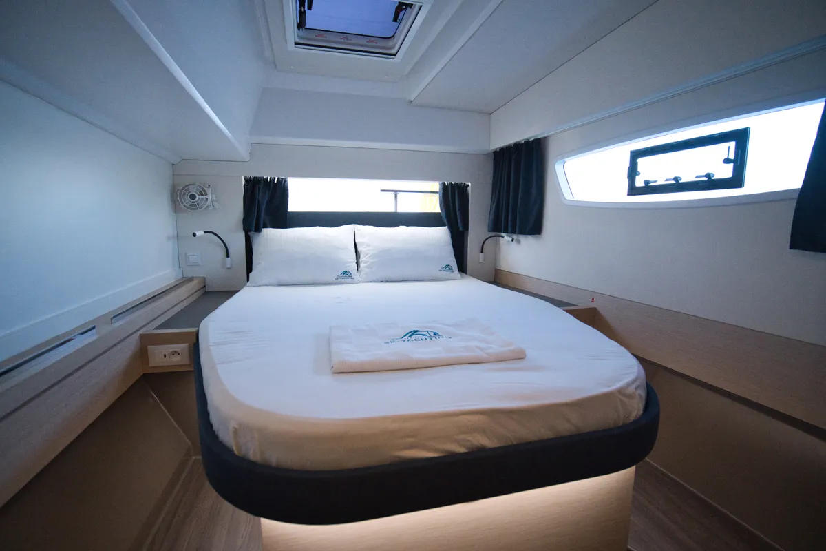 Cabin on Adele, a Fountaine Pajot Astréa 42 catamaran at Marmaris, Turkey