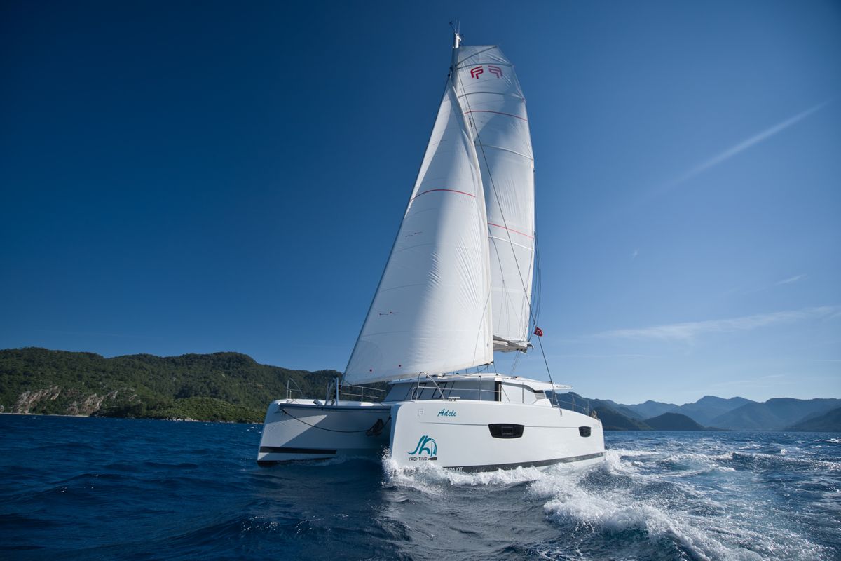 Exterior view of Adele, a Fountaine Pajot Astréa 42 catamaran at Marmaris, Turkey
