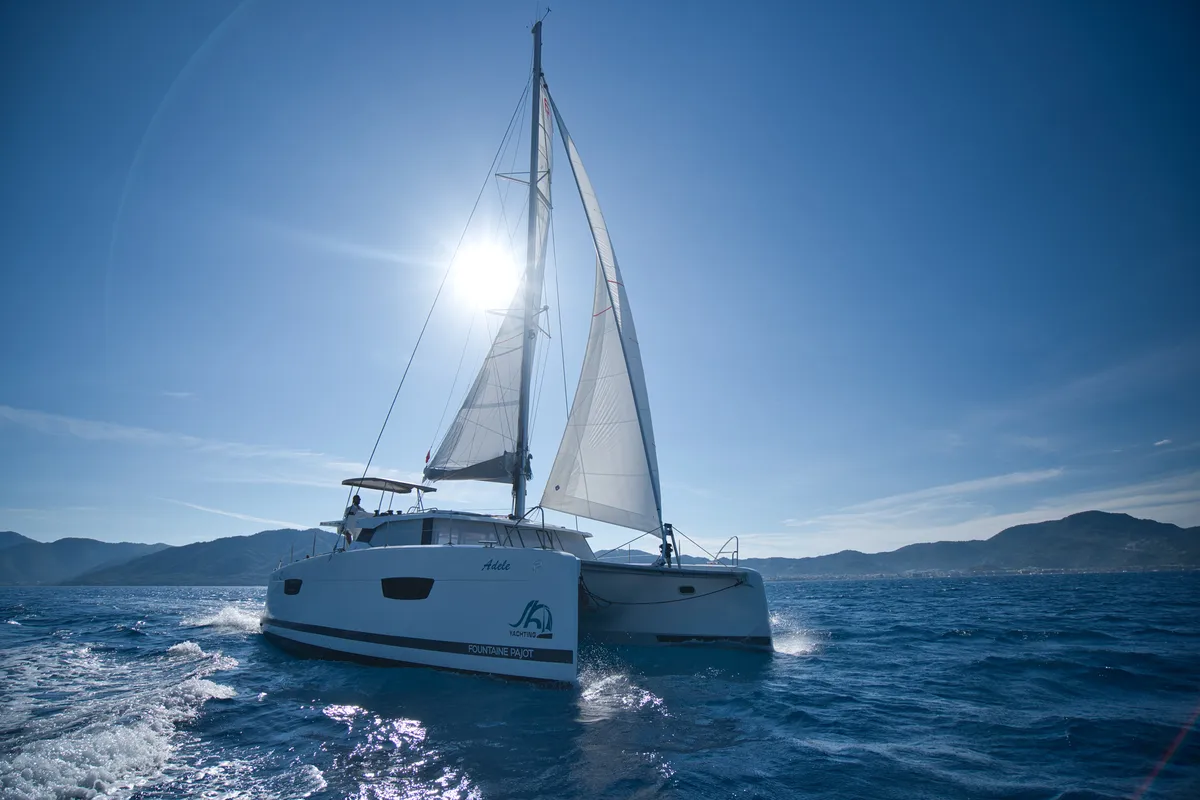 Exterior view of Adele, a Fountaine Pajot Astréa 42 catamaran at Marmaris, Turkey